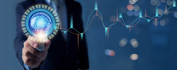 illuminated light bulb ideas of new idea with innovative technology and innovation of business creativity concept businessman holding lighting connection of inspiration