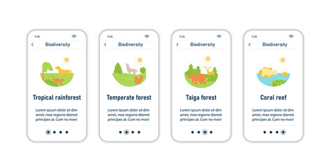 Biodiversity onboarding mobile app screens. Tropical rainforest,temperate forest,taiga forest,coral reef. Biodiversity steps menu. Set of UI, UX, web template with RGB color linear icons © Antstudio