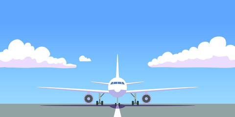 airplane on the runway against the sky, banner,  vector illustration.