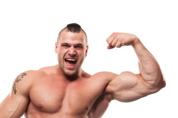 Screaming bodybuilder flexing arm. Shirtless excited muscular healthy young man flexing his biceps (internal side). White background, studio shot.