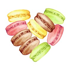 Beautiful macaroon concept. Colorful french macaroon cookies in heart shape on white background. Watercolour illustration for cards, menu and print.