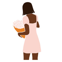 Modern abstract portrait of summer woman isolated on white background. Black faceless female in white dress and flowers. Trendy vector illustration