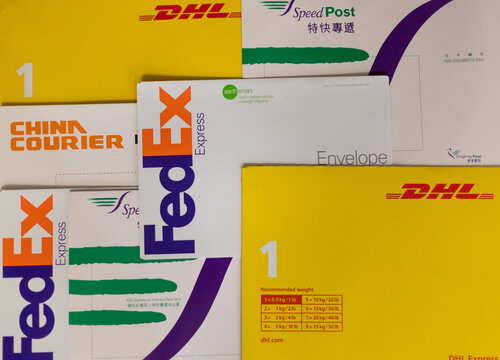25 4 2021 Envelopes of popular courier services in Hong Kong and world: DHL, FedEx, China Courier, Speed Post