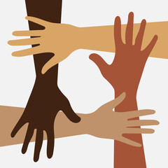 Hands. International Day for the Elimination of Racial Discrimination. Equal opportunity and rights regardless of skin color, religion or ethnicity. 