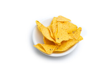 Tortilla chips in small white bowl