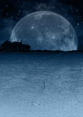 夜空に大きな月と干ばつの大地に廃墟の青いイラスト