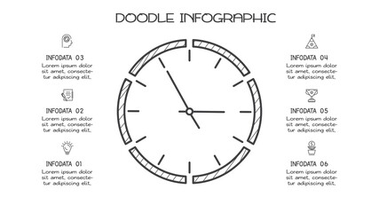 Doodle infographic elements with 6 options. Vector business template for presentation