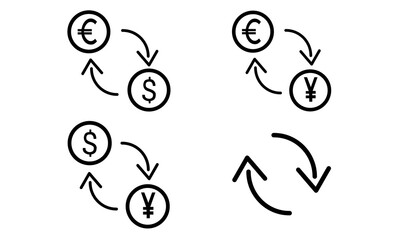 4 Exchange icon symbols. Exchange in Euro to USD, Euro to Yen, USD to Yen