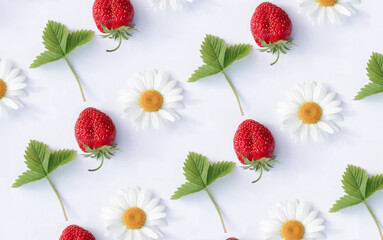 Pattern with daisies and strawberries on a white background. Diagonal rows. 