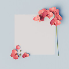 Creative layout made of red orhidea and white square paper on pastel blue background. Minimal summer concept with copy space. Border arrangement. - obrazy, fototapety, plakaty