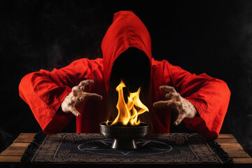 Long haired male making a mystical flames. Man dressed in a red on a dark smoky background. Witch...
