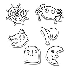 Set of black line halloween elements on white silhouette and gray shadow. Hand drawn cartoon style. Doodle for decoration or any design. Vector illustration of holiday.