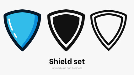 Blue shield vector icon set isolated on white background in flat style. Defence, privacy and safety from virus colorful icon collection, protection flat symbol for ui and website. Vector guard shield