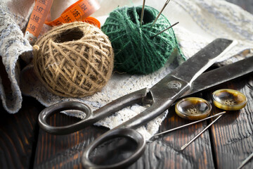 Threads, needles and sewing items.