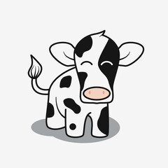 Flat cow vector illustration. Cute cattle cartoon vector with smile emotion. Milk veal design. Cow flat character for logo template, farm animal. Cattle vector isolated on white background
