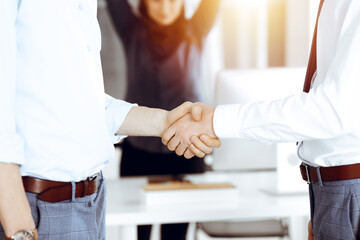 Obraz premium Two businessmen shaking hands in sunny office, close-up. Happy and excited business woman stands with raising hands at the background. Business people concept