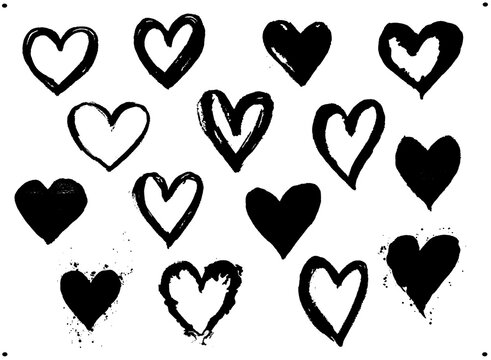collection of paint brush strokes hearts, isolated vector illustration