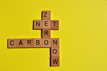 Net Zero Carbon Now, words as crossword  in wooden alphabet letters