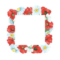 Watercolor hand painted nature floral squared border frame with red poppy and white chamomile composition on the white background for invite and greeting card with space for text