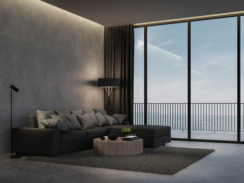 Minimal loft style living room with sea view background 3d render,there are polished concrete floor decorate with black fabric furniture overlooking terrace behide.