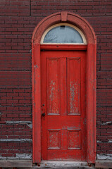 red wooden door of old railway station Lakefield Ontario