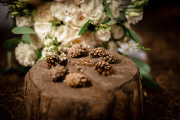 Gold wedding rings on a round wooden stump in the forest, surrounded by fir cones. Nearby, a beautiful bouquet of white and beige roses lies on the ground. Brown, white, beige. Horizontal close frame.