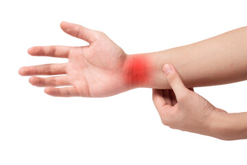 man symptomatic sore wrist bones , hand isolated on white background.