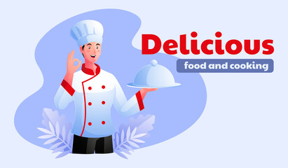 Man chef serves delicious food
