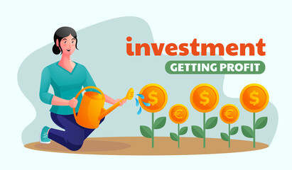 Woman investing and getting profit money
