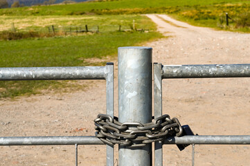 Heavy metal chain and lock around a gate and gatepost. No people.