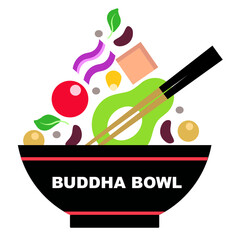 Buddha bowl with vegetables. Avocado, quinoa, tofu, purple cabbage, spinach, cherry tomatoes, chickpeas.