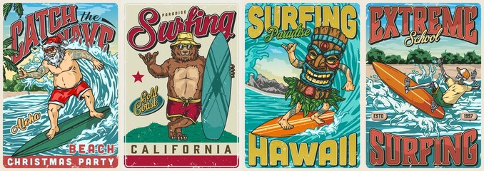 Surfing vintage colorful posters - obrazy, fototapety, plakaty