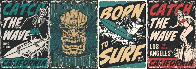 Surfing vintage posters collection - obrazy, fototapety, plakaty
