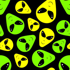 Green aliens on black background seamless pattern for wrapping, wallpaper, textile, paper, fashion and more. Vector illustration.