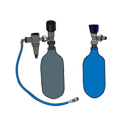 Medical cylinders of blue, gray color with oxygen and nitrous oxide. Color linear gas cylinder icon, contour vector illustration. Medical equipment for treatment, respiratory relief, anesthesia.