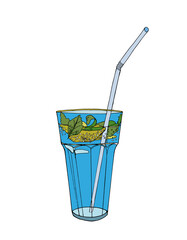 One blue cocktail with mint and lime in a glass on a white background. A refreshing summer drink. Vector illustration.