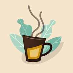 A cup of hot coffee on a light background. Coffee logo. Modern icon. The symbol of invigorating drinks is tea and coffee. Vector composition decorated with leaves for cafes, bars, networks.