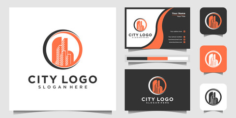 City logo with modern circle concept with unique shape and business card design for company Premium Vector