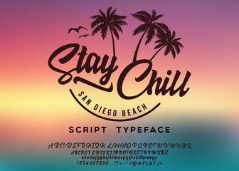 Fototapeta na wymiar Stay chill. Hand made script font. Vacation summer time. Waikiki beach. Vector illustration. Retro typeface and logo. Summer style.