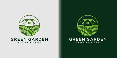 Green garden house logo with circle line art style Premium Vektor