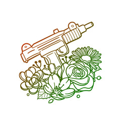 Uzi Rose Flower with Vintage Millitary Design. Submachine Floral frame ornament vector style. Decoration Design Wreath illustration.