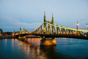 Fototapeta na wymiar View of the Liberty Bridge in Budapest with night illumination