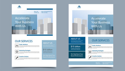 Business flyer layout template in A4 size. Modern Brochure template cover design, annual report, poster with blue wavy lines for business promotion on white background, vector illustration 
