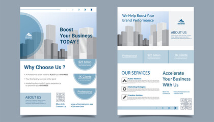 Business flyer layout template in A4 size. Modern Brochure template cover design, annual report, poster with blue wavy lines for business promotion on white background, vector illustration 
