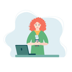 Smiling girl holds a wireless terminal, Modern bank payment device. Pay by card concept. The internet store, online shop, web buying and paying. Cartoon design in vector.


