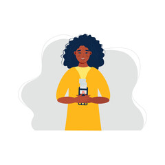 Smiling girl holds a wireless terminal, Modern bank payment device. Pay by card concept. The internet store, online shop, web buying and paying. Cartoon design in vector.


