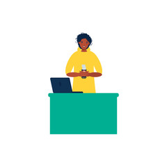 Smiling man holds a wireless terminal, Modern bank payment device. Pay by card concept. The internet store, online shop, web buying and paying. Cartoon design in vector.