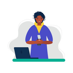 Smiling man holds a wireless terminal, Modern bank payment device. Pay by card concept. The internet store, online shop, web buying and paying. Cartoon design in vector.