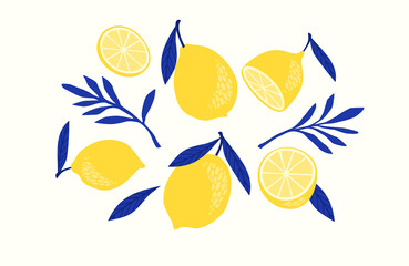 Set of drawn lemons. Citrus fruits, lemons, limes. Vector illustration. Isolated elements