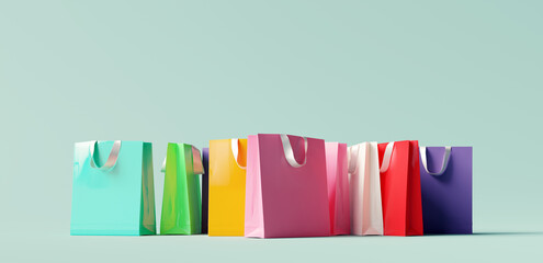 Colorful shopping bag on pastel green background. 3d rendering